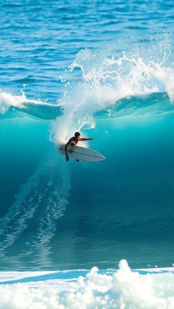 A surfer riding a wave in clear blue water under bright sunlight.