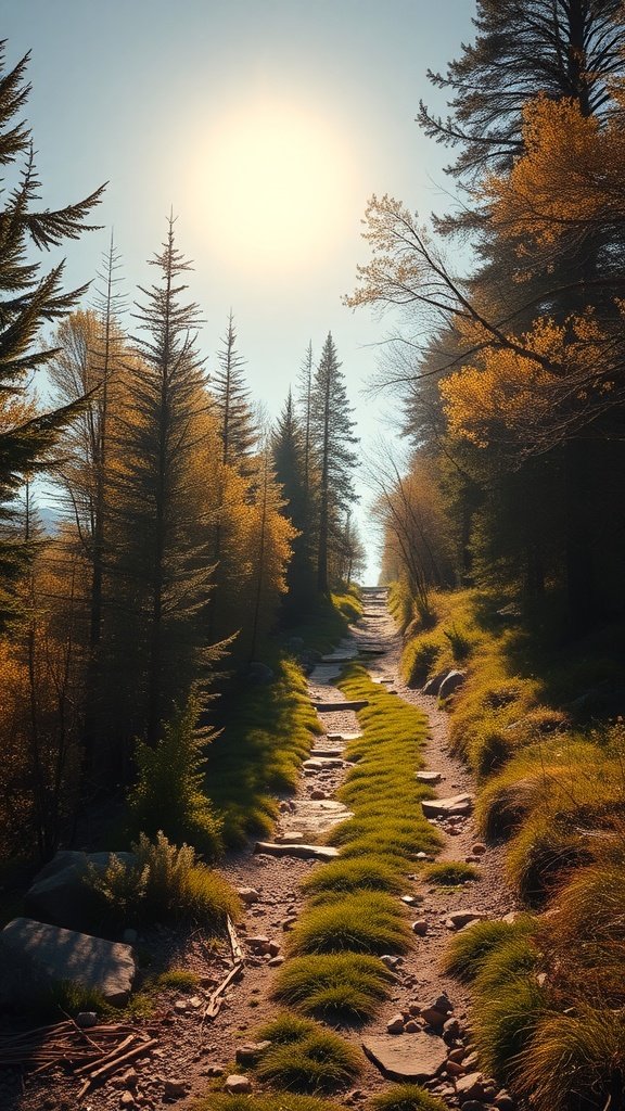 Sunshine illuminating a trail surrounded by trees and grass