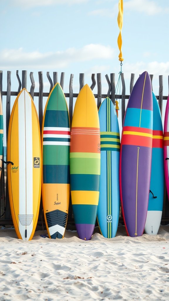 Colorful surfboards lined up against a wooden fence on the beach.
