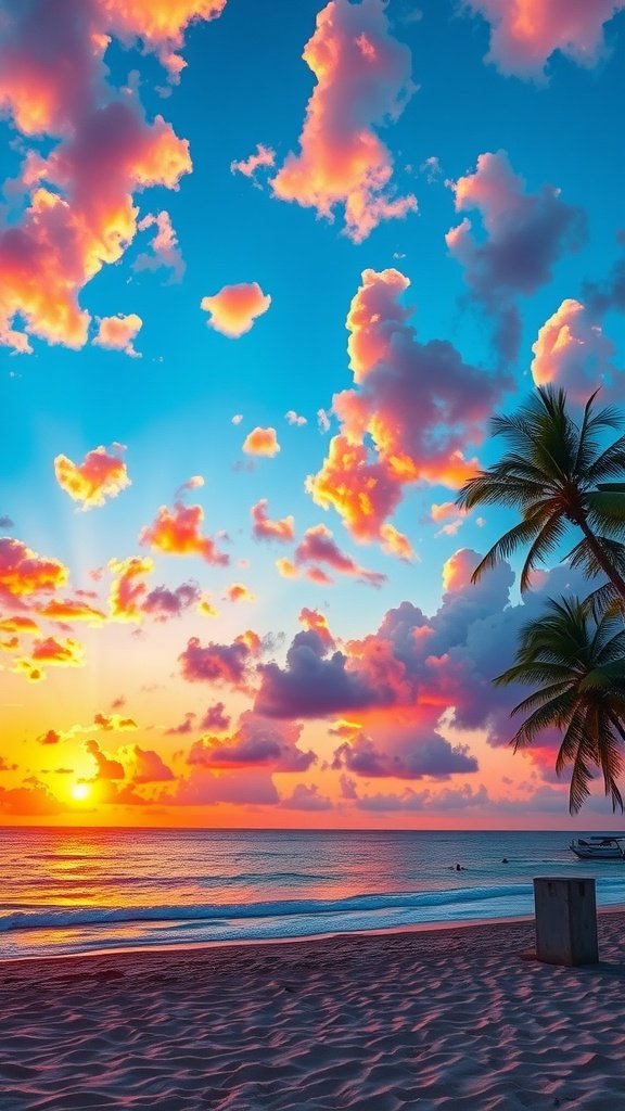 A tropical beach at sunset with vibrant clouds and palm trees.