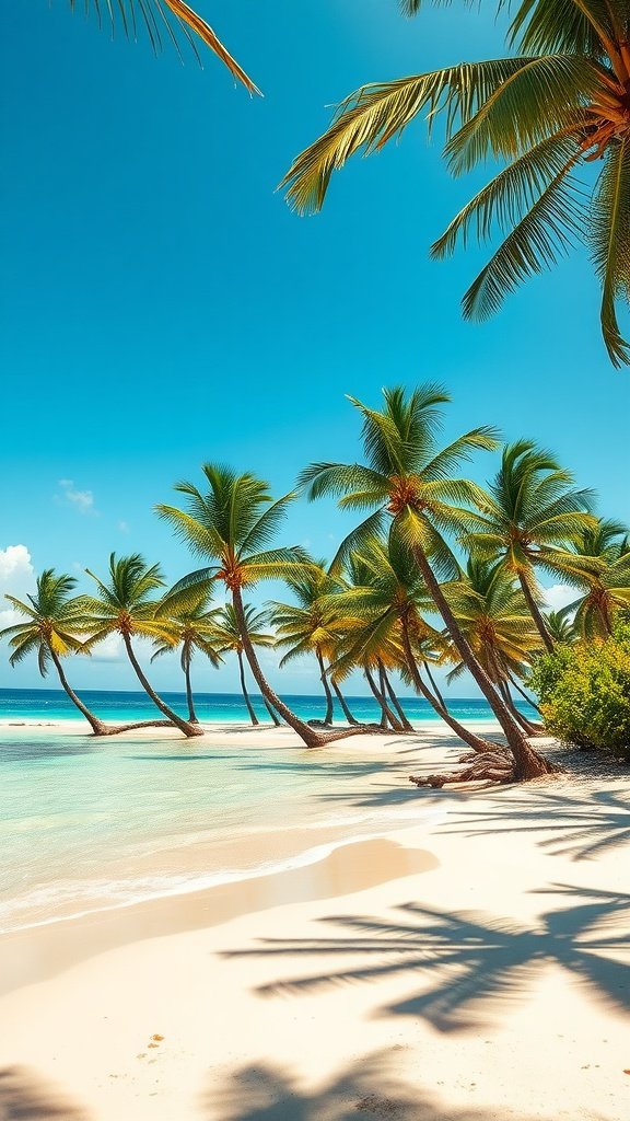 Tropical beach scene with palm trees and clear blue water