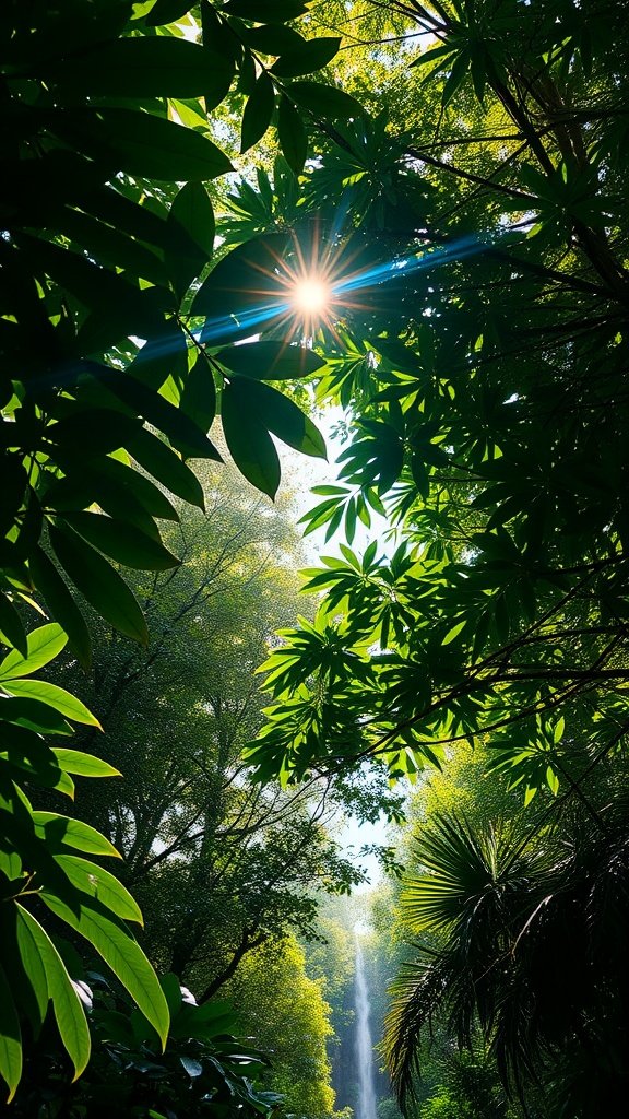 Sunlight shining through tropical rainforest canopy, surrounded by lush green leaves.