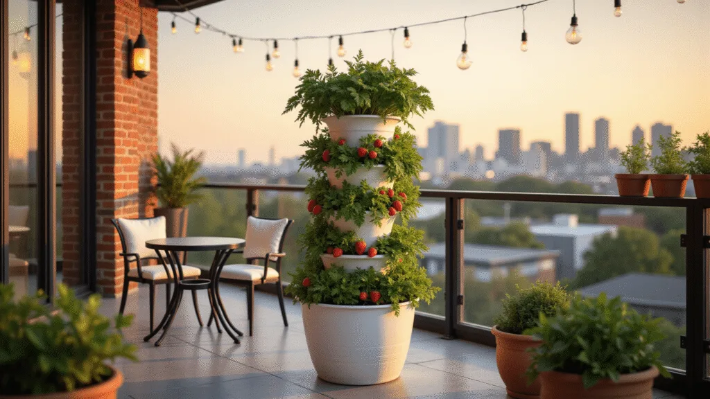 A sun-drenched urban balcony featuring a tall 6-tier white metal strawberry planter with lush greenery and ripe red strawberries, surrounded by terracotta herb pots and a black bistro set, all illuminated by string lights against a warm sunset city skyline.