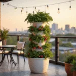 A sun-drenched urban balcony featuring a tall 6-tier white metal strawberry planter with lush greenery and ripe red strawberries, surrounded by terracotta herb pots and a black bistro set, all illuminated by string lights against a warm sunset city skyline.