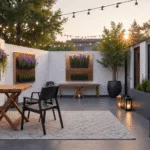 A luxurious 8x10ft urban patio at golden hour featuring a fold-down teak table, copper vertical planters with purple lobelia and silver dichondra, modern charcoal bistro chairs on a geometric outdoor rug, string lights overhead, LED uplighting on a vertical garden wall, a frosted glass privacy screen, and Moroccan lanterns casting shadows on the concrete floor.
