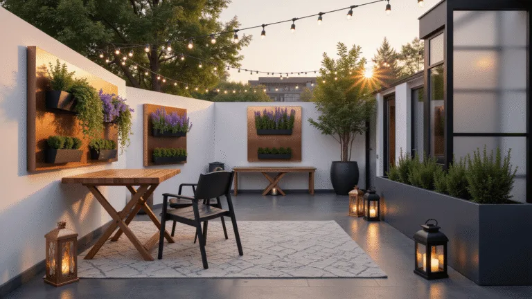 A luxurious 8x10ft urban patio at golden hour featuring a fold-down teak table, copper vertical planters with purple lobelia and silver dichondra, modern charcoal bistro chairs on a geometric outdoor rug, string lights overhead, LED uplighting on a vertical garden wall, a frosted glass privacy screen, and Moroccan lanterns casting shadows on the concrete floor.
