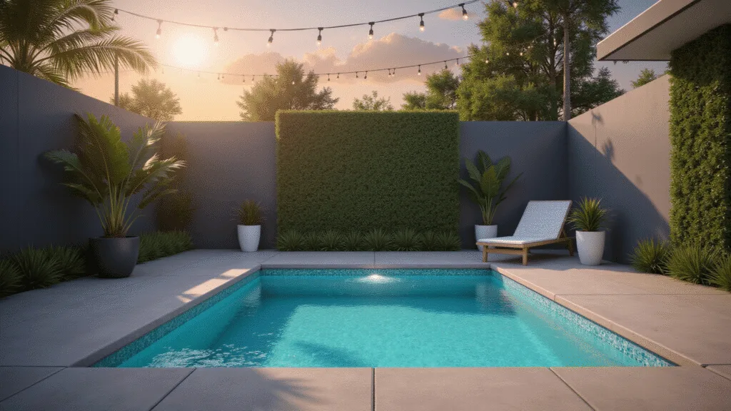 A luxurious plunge pool at sunset with turquoise water, surrounded by minimalist concrete decking, a modern lounge chair, potted palm trees, and a vertical succulent garden, illuminated by warm string lights.