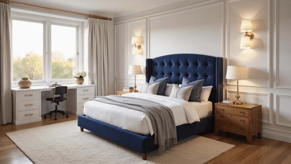 Photorealistic interior of a luxurious 14x16ft spare bedroom featuring a queen-size bed, modern desk, and ambient lighting at golden hour, showcasing a blend of navy, brass, warm woods, and cream in a contemporary style.