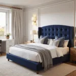 Photorealistic interior of a luxurious 14x16ft spare bedroom featuring a queen-size bed, modern desk, and ambient lighting at golden hour, showcasing a blend of navy, brass, warm woods, and cream in a contemporary style.