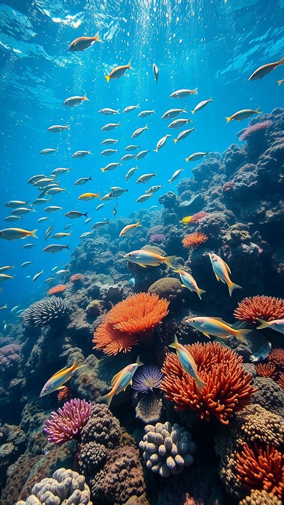 Underwater scene of a colorful coral reef with fish swimming.