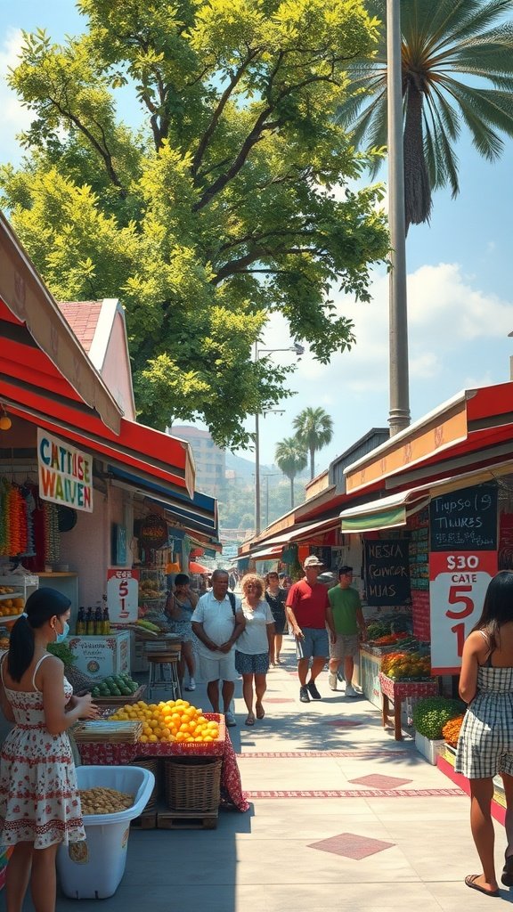 A vibrant summer market scene with people walking among stalls filled with fruits and vegetables under a sunny sky.