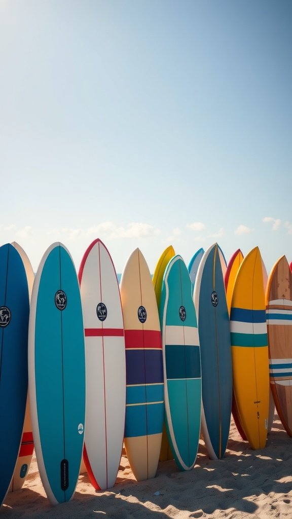 A vibrant collection of colorful surfboards lined up on the beach under a clear blue sky.