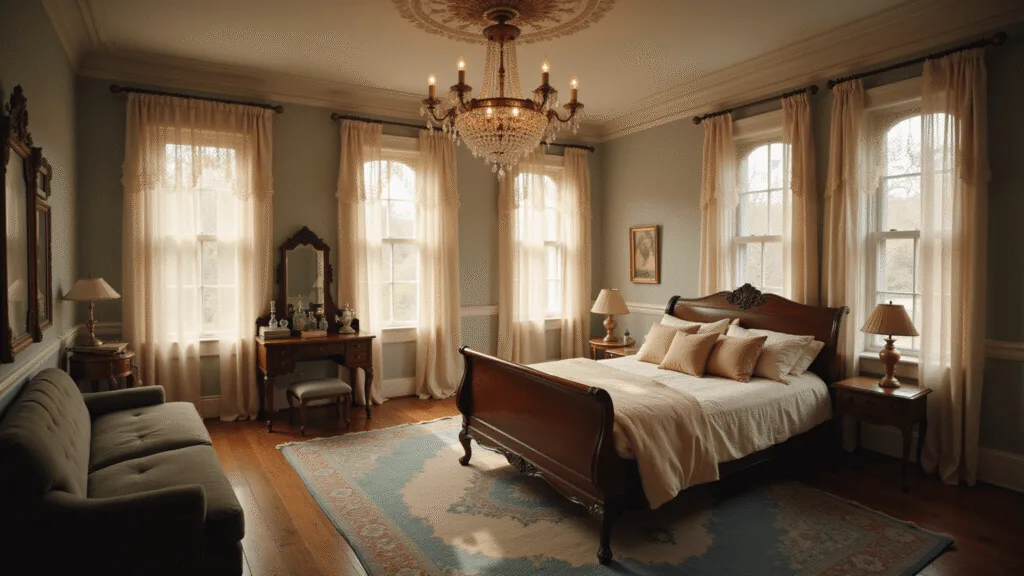 A dreamy vintage bedroom bathed in golden hour light, featuring a mahogany sleigh bed with antique linens, an ornate brass chandelier, ivory lace curtains, and a Persian rug, captured from a low angle with rich textures and a warm color palette.