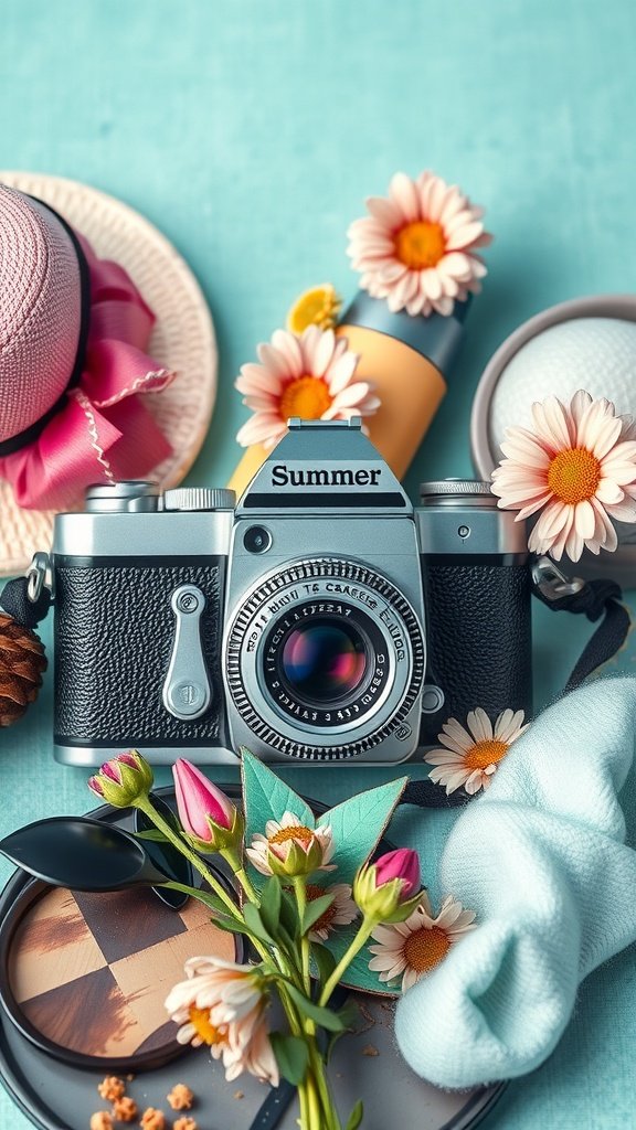 A vintage camera surrounded by summer accessories like flowers, hats, and a pastel background.