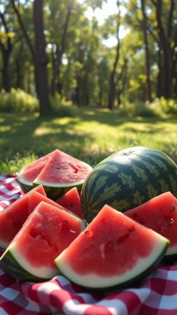 A fresh watermelon with slices on a picnic blanket in a sunny park