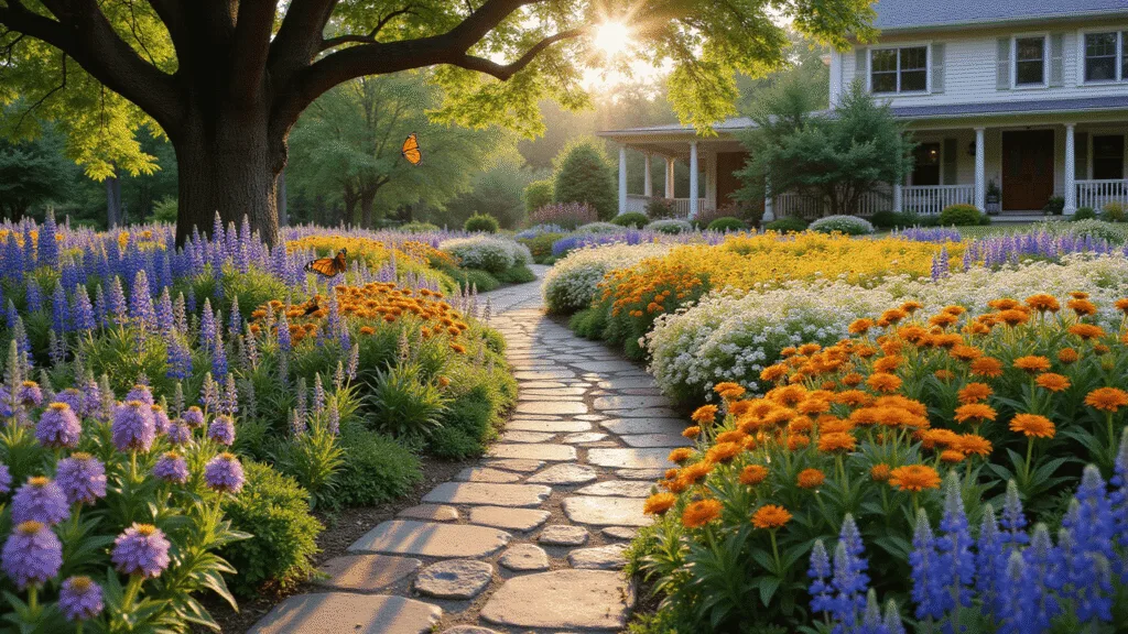 A photorealistic wide-angle landscape of a transformed front yard wildflower garden at golden hour, featuring a winding flagstone path surrounded by blooming purple coneflowers, orange butterfly weed, and blue lupines, with a cottage-style house in the background and insects fluttering above the flowers.