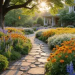 A photorealistic wide-angle landscape of a transformed front yard wildflower garden at golden hour, featuring a winding flagstone path surrounded by blooming purple coneflowers, orange butterfly weed, and blue lupines, with a cottage-style house in the background and insects fluttering above the flowers.