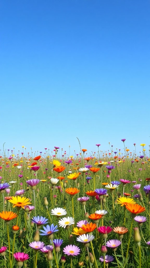 A colorful wildflower meadow under a clear blue sky