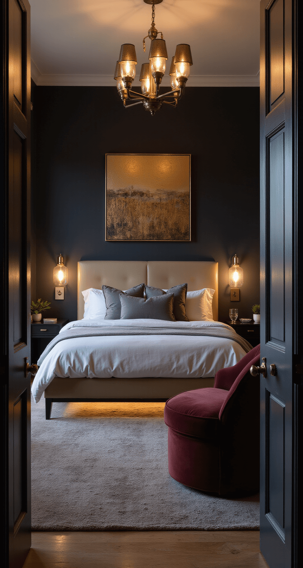Intimate primary bedroom at dusk featuring a black accent wall, modern platform bed with champagne leather headboard, vintage brass chandelier, smoky glass sconces, LED strip lighting, a burgundy velvet accent chair, and abstract gold-leaf artwork, captured from the doorway to emphasize spatial depth and moody atmosphere.