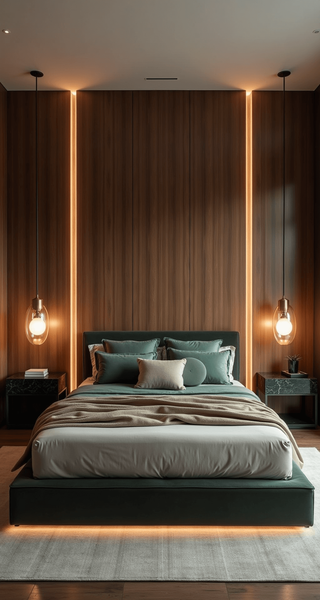 Contemporary bedroom at twilight featuring a walnut-paneled wall with LED lighting, a charcoal velvet platform bed adorned with sage green and cream textiles, hand-blown glass pendant lights, and black marble side tables with brass lamps, captured straight-on to highlight the dramatic evening ambiance.
