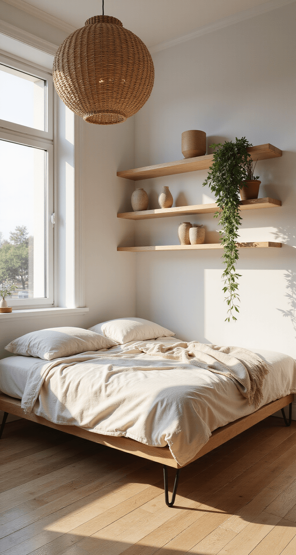 A sunlit minimalist bedroom featuring crisp white walls, blonde oak flooring, and a platform bed with soft linen bedding in ivory and blush, captured at golden hour through a west-facing window, showcasing rattan pendant lighting and curated decor with trailing plants.
