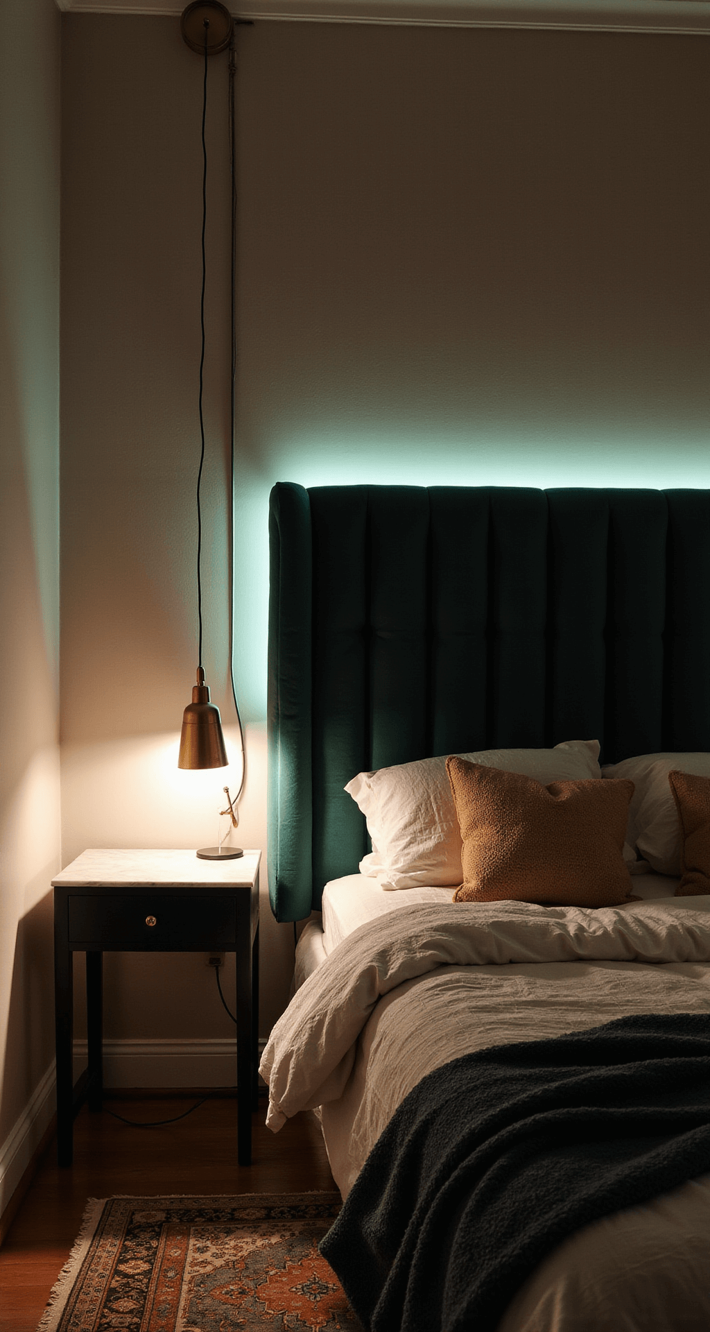 Intimate bedroom scene at blue hour, featuring a deep moss green velvet headboard against a warm greige wall, glowing bedside sconces with brass hardware, and LED strip lighting creating a halo effect. A slim marble-topped console desk serves as a nightstand. Rich textures include quilted bedding, woven throws, and a vintage Persian runner. Camera positioned at bed level to highlight the moody ambiance.