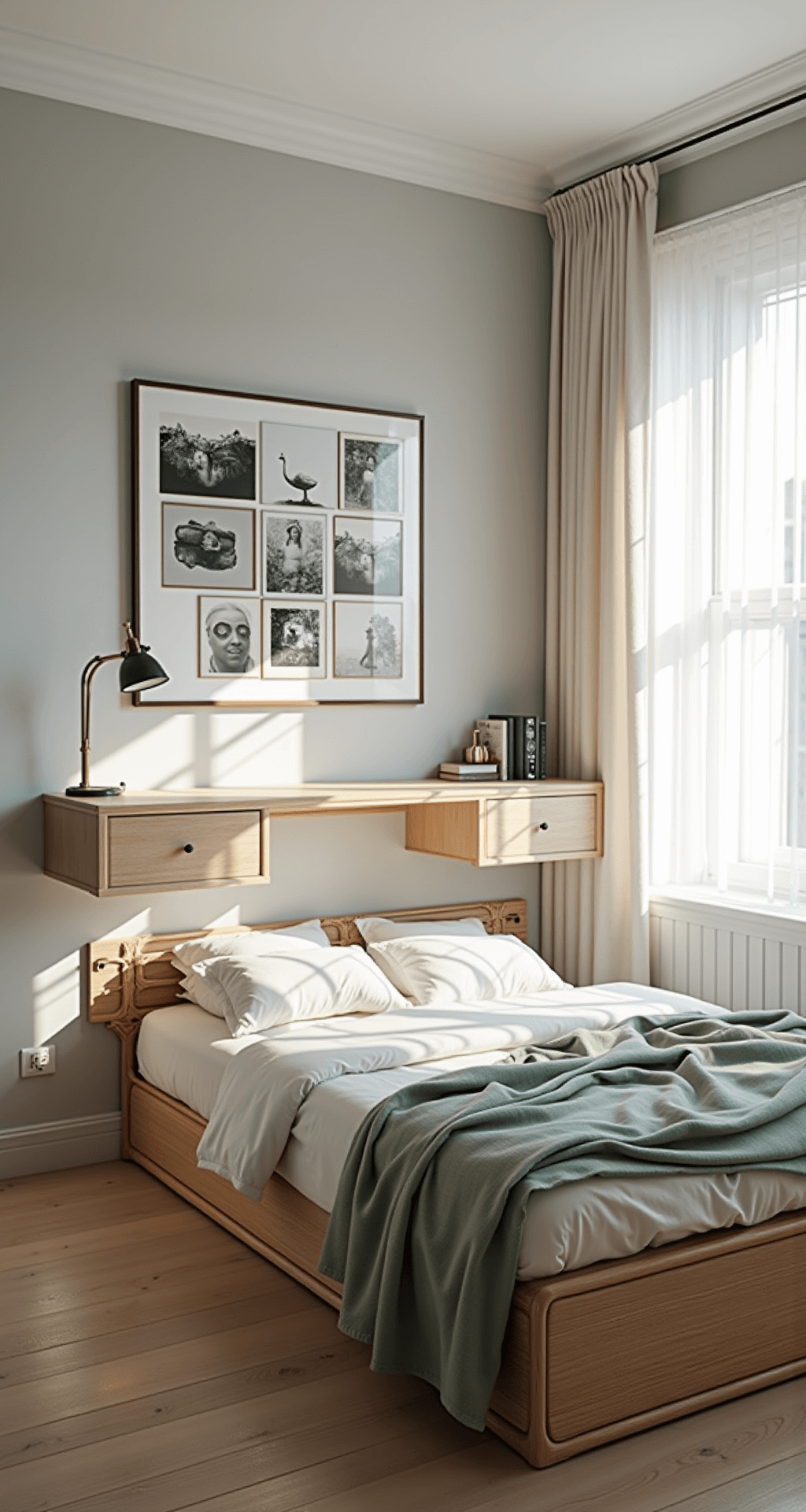 A compact bedroom with bright morning light filtering through sheer linen curtains, featuring a wall-mounted bleached oak desk, a ghost chair, a grid of black and white photography on pale gray walls, a low-profile rattan bed with storage drawers, and layered white, cream, and sage green linens, captured from an elevated angle to emphasize space-saving furniture and light aesthetics.