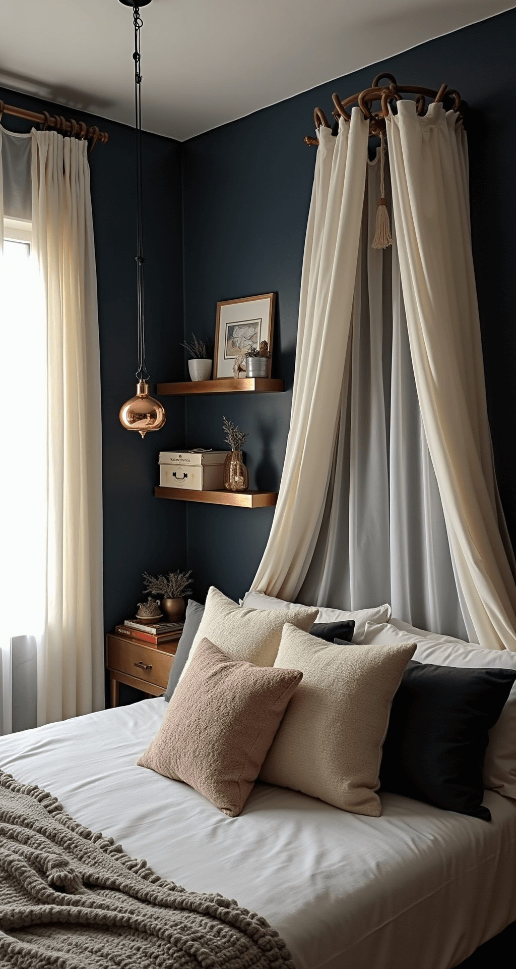 Cozy corner bedroom in a 10x10ft space featuring a canopy bed with gauzy white curtains against a dark navy wall, complemented by copper pendant lights and mirror-finish shelves, adorned with velvet pillows and chunky knit throws, all set under warm late afternoon light.