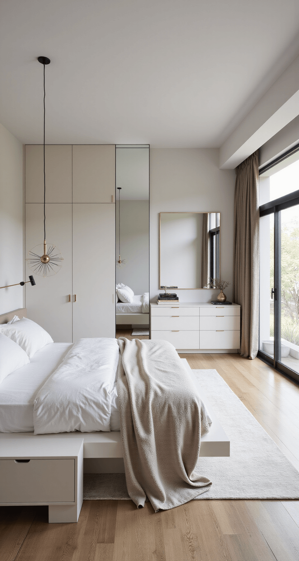 A modern minimalist bedroom featuring a platform bed with hidden storage and built-in nightstands, illuminated by bright midday light. Floor-to-ceiling mirrors enhance space and reflect natural light, complemented by geometric brushed brass pendant lights. The decor consists of monochromatic layers in warm white and greige, captured in a straight-on symmetrical composition highlighting clean lines and reflections.