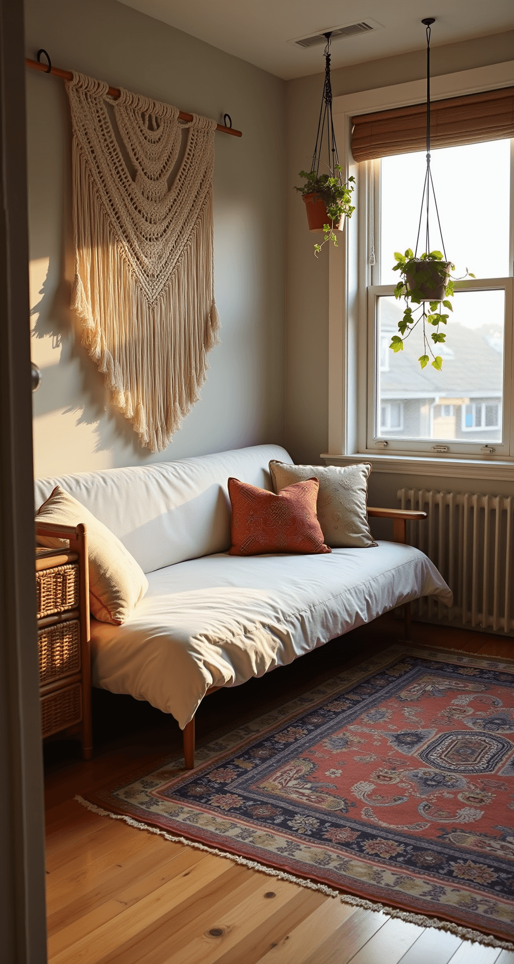 Bohemian-style bedroom featuring a macramé wall hanging above a low-profile linen futon, with hanging plants by the window, a rattan room divider, and layered vintage rugs in terra cotta and indigo on light oak floors, all bathed in warm sunrise light that highlights organic textures and earth tones.