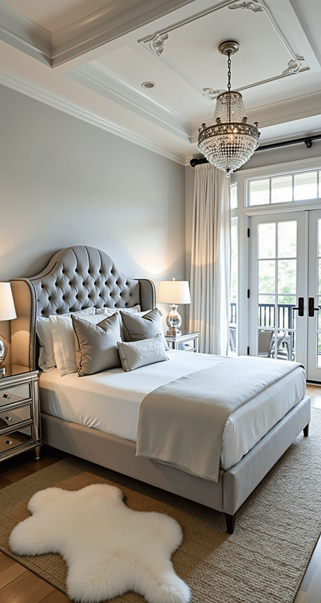 A luxurious 20x24ft bedroom featuring a coffered ceiling with a crystal chandelier, a wingback bed in pearl grey silk upholstery with white and silver bedding, mirrored nightstands with mercury glass lamps, ivory sheepskin rugs over seagrass, and French doors opening to a balcony, captured from an elevated corner to highlight architectural details in mid-morning light.