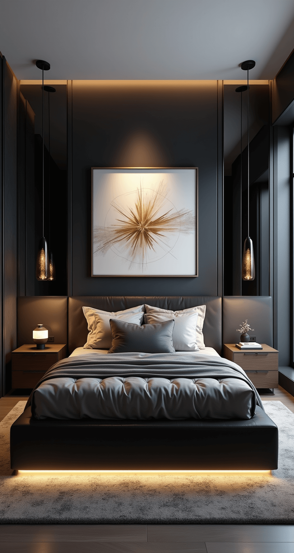 Contemporary bedroom at dusk featuring a dramatic black accent wall with oversized abstract artwork, floating nightstands, platform bed with LED lighting, smoky glass pendant lights, and luxe textures like a leather headboard and silk bedding, all shot from above to highlight architectural details.