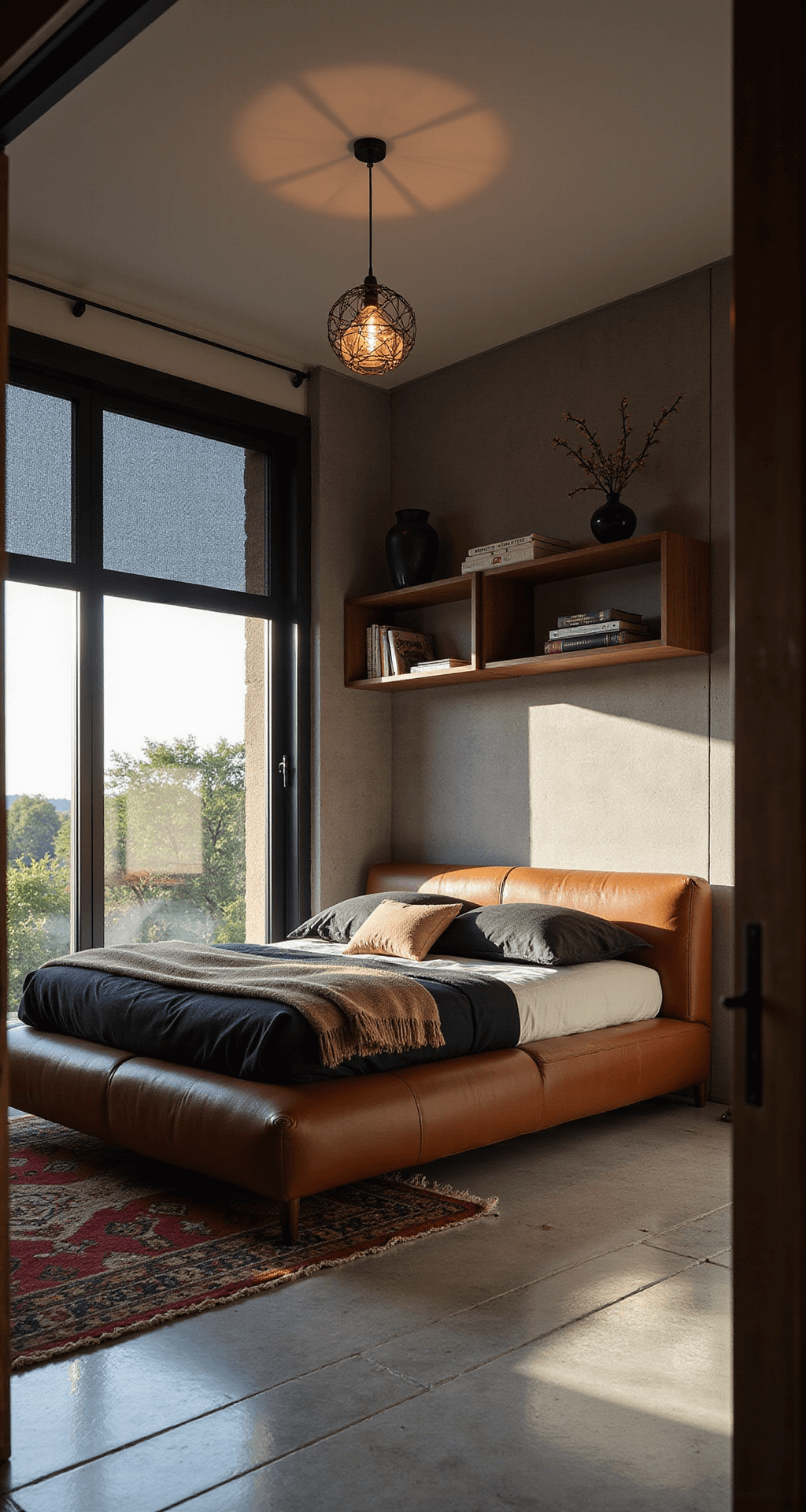 A modernist bedroom featuring floor-to-ceiling windows with automated black-out blinds, a low-profile cognac leather bed with charcoal linen bedding, floating walnut shelves, a geometric pendant light, and concrete floors softened with a vintage Moroccan rug, all captured from the doorway.