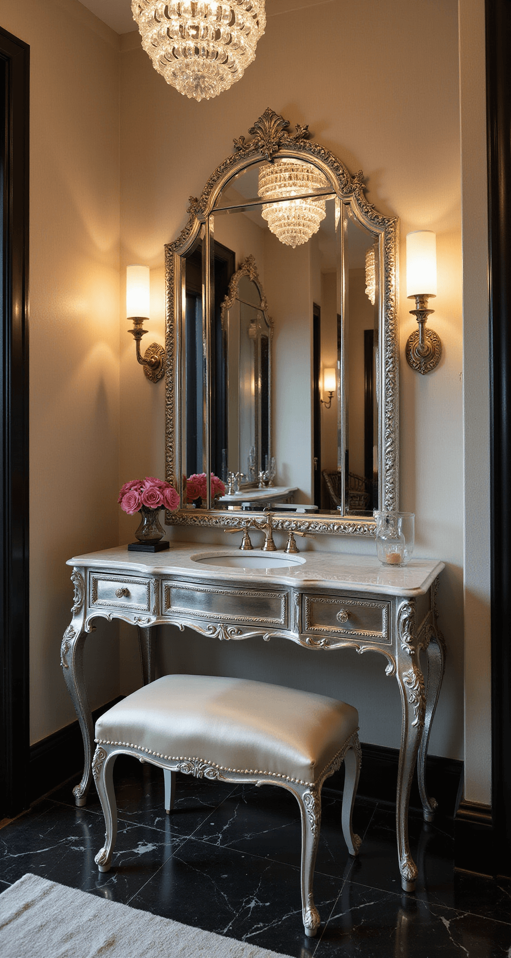 A dramatic Old Hollywood-inspired vanity corner featuring an ornate silver-leafed vanity, champagne silk-upholstered bench, and a triple-panel beveled mirror, illuminated by art deco sconces. The scene showcases black and white marble flooring, cream wallpaper with a metallic pattern, and a crystal chandelier reflecting in the mirrors, all captured from a low angle to emphasize luxury and create a moody evening atmosphere with warm golden hour glow.