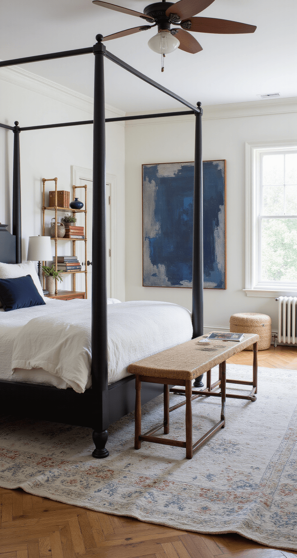 A sophisticated bedroom featuring traditional paneled warm white walls, a modern matte black four-poster bed with cloud-white bedding accented by navy and rust, brass étagères with vintage books and ceramics, an oversized abstract canvas in blues and greys, and herringbone floors layered with vintage rugs, illuminated by diffused midday light.