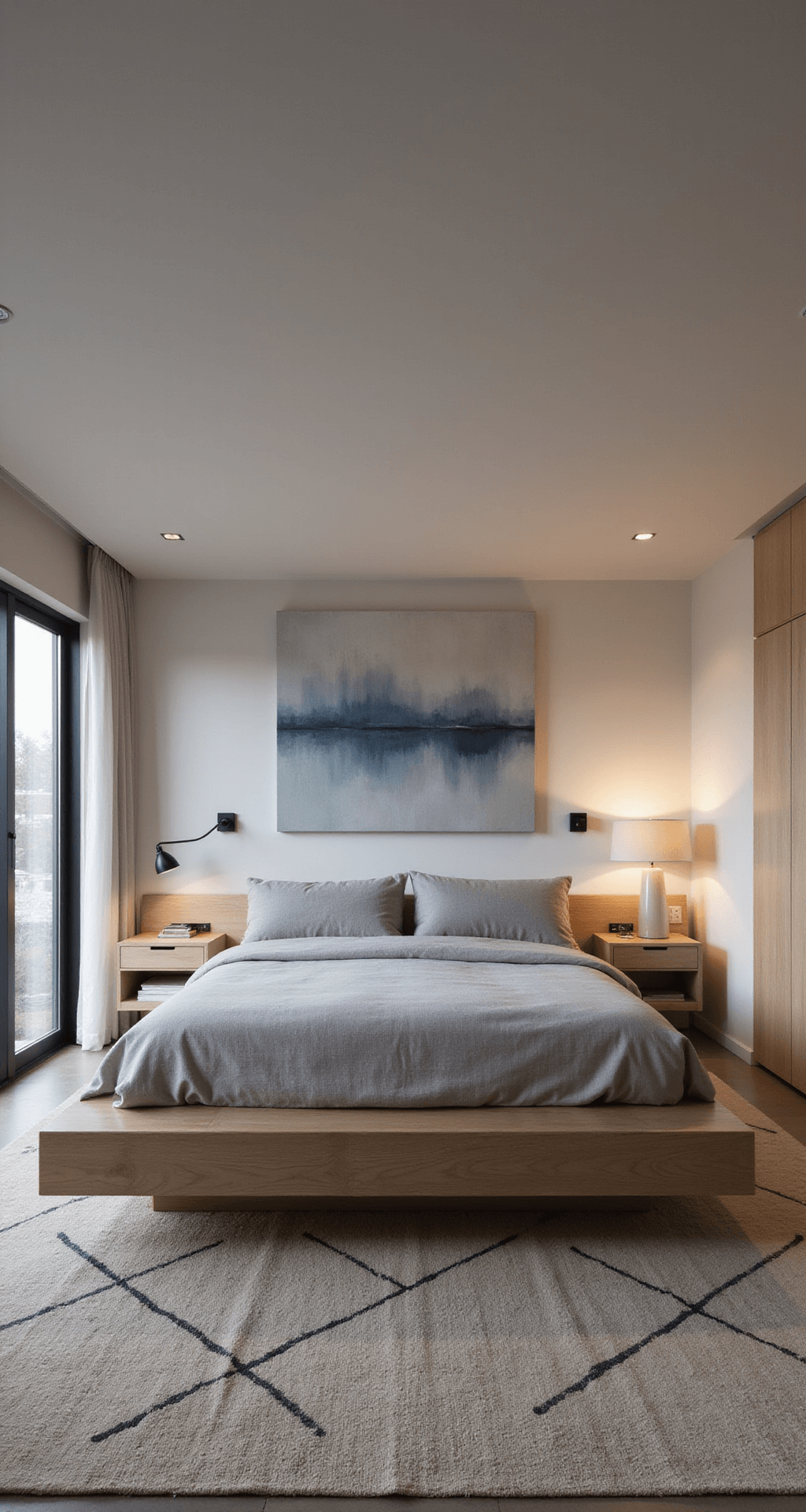 Wide-angle view of a minimalist guest suite at dusk, featuring a modern platform bed in bleached oak, floating nightstands, warm grey and ivory decor, black metal fixtures, an oversized abstract canvas in muted blues, and a geometric area rug, all softly illuminated by diffused recessed lighting.