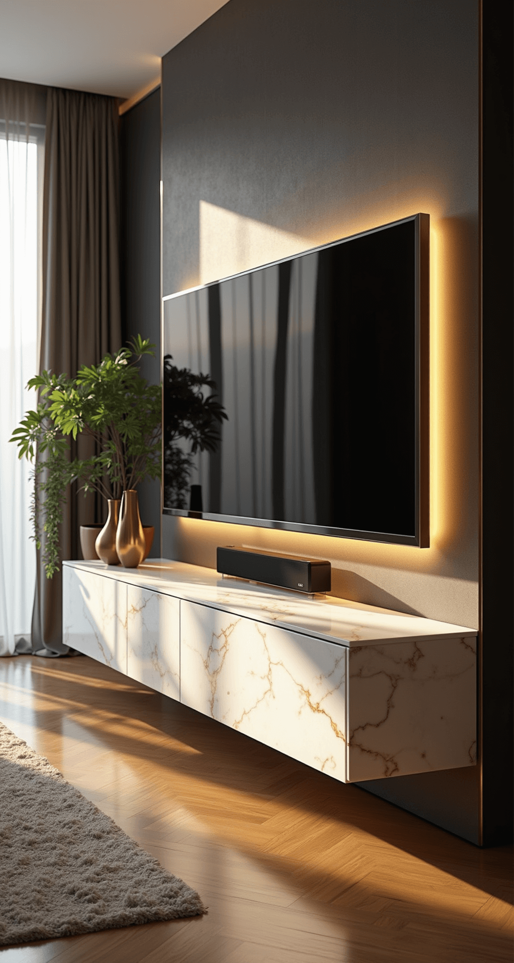 Contemporary living room at golden hour with a floating Calacatta gold marble TV unit, brass inlays, floor-to-ceiling windows casting shadows, 85-inch TV above a white marble console with LED halo, minimal brass sculptures, black B&O speaker, trailing plants, textured charcoal accent wall, and warm wood herringbone flooring.