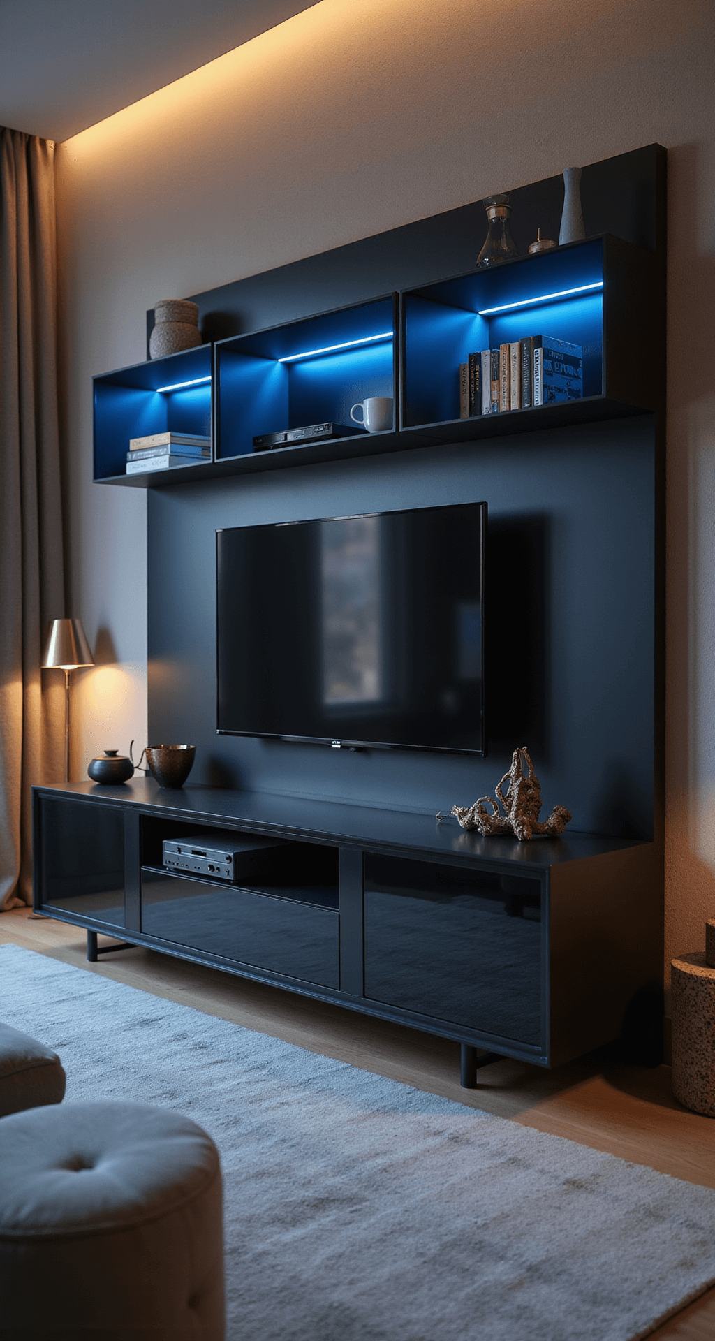 An intimate modern living space featuring a smoked glass and matte black metal TV unit with concealed LED lighting, geometric compartments, and high-end AV equipment, all highlighted by dramatic side lighting and brushed gold accents.