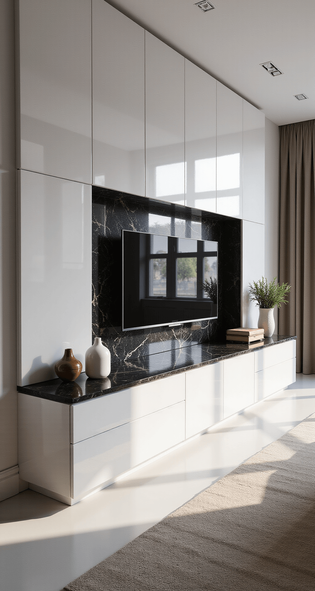 A spacious, open-concept living room featuring a sleek high-gloss white lacquer and Nero Marquina marble custom TV unit, illuminated by mid-morning natural light, with curated art, minimalist decor, and a striking chandelier, all captured from a 45-degree angle.