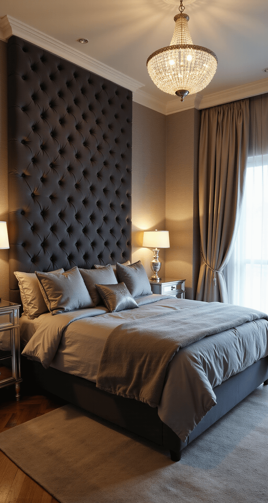 A luxurious master suite featuring a dramatic tufted charcoal velvet headboard, champagne silk drapes, and a crystal chandelier, set against silver-grey grasscloth wallpaper and herringbone hardwood floors, with layered bedding in platinum and pewter, exuding opulence and sophistication during golden hour.