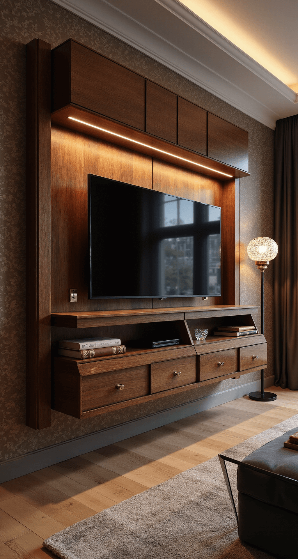 Dusk interior view of a luxurious 18x20ft living room featuring a suspended rosewood and brass TV unit against a silk wallpapered wall, ambient lighting creating a warm atmosphere, with vintage books and crystal decor.