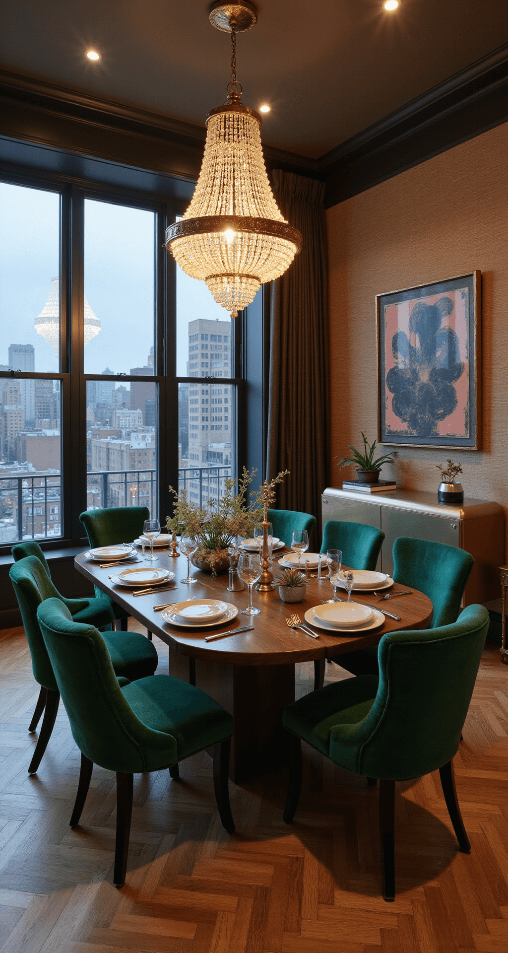 Sophisticated dining room with herringbone hardwood floors, featuring a modern dark walnut oval table surrounded by emerald velvet chairs, illuminated by dusk lighting and a dramatic crystal chandelier, complemented by grasscloth wallpaper and a metallic sideboard.
