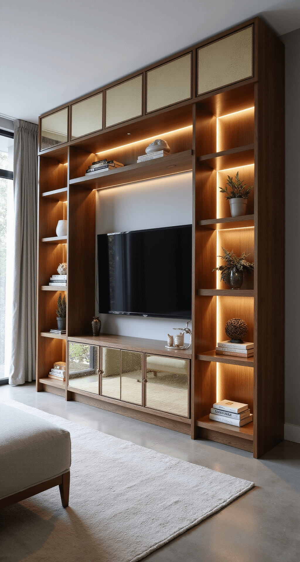 A spacious transitional living room filled with morning light, showcasing a built-in TV unit with fluted walnut panels and antique mirror inserts, illuminated by LED strip lighting. Floating shelves display modernist sculptures, leather-bound books, and preserved botanicals against cool gray walls and polished concrete floors.