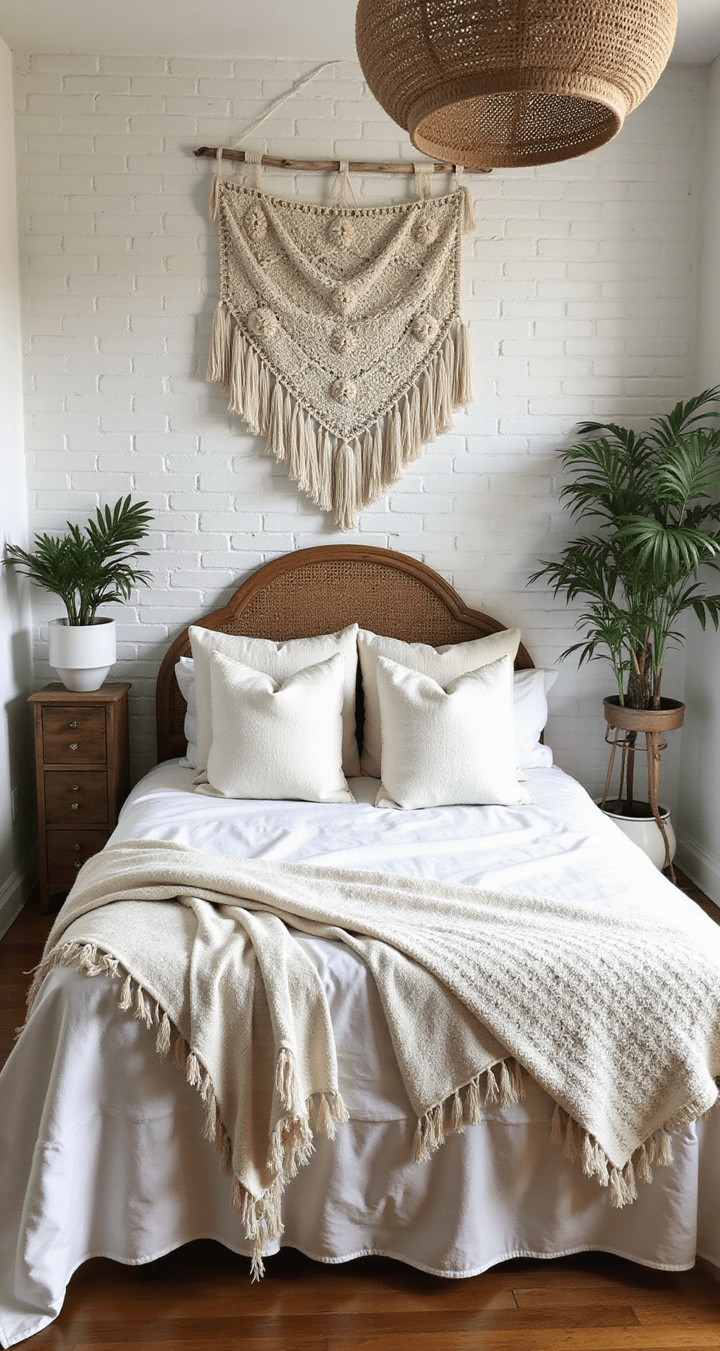 A bohemian bedroom featuring a rattan headboard and white brick wall, adorned with layered white textiles including macramé wall hangings, crocheted throws, and tasseled pillows. Potted palms add greenery, while a Moroccan-style pendant light casts intricate shadows, all captured in soft afternoon light from a corner angle.