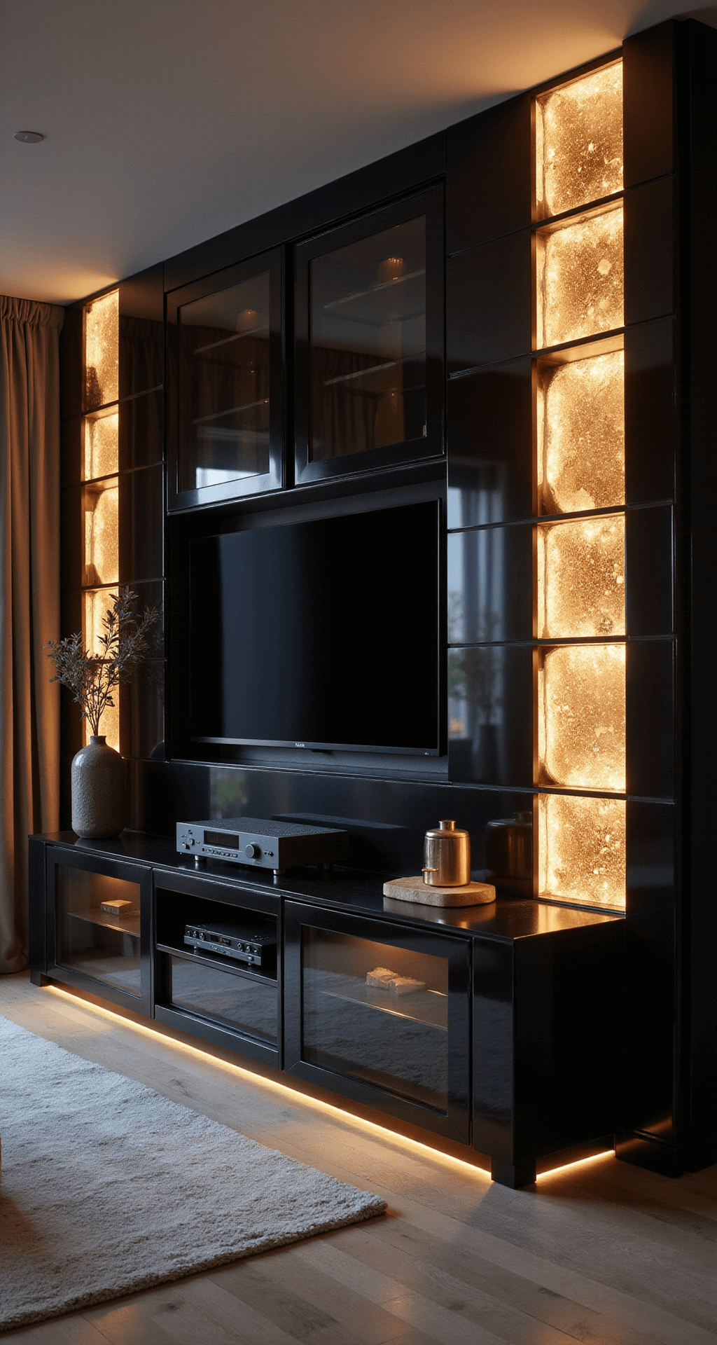 A corner view of a contemporary living room showcasing a high-gloss black lacquer TV unit with backlit onyx panels, premium AV equipment behind smoky glass, and metallic copper accents, all highlighted by moody lighting that enhances the depth and material contrasts.