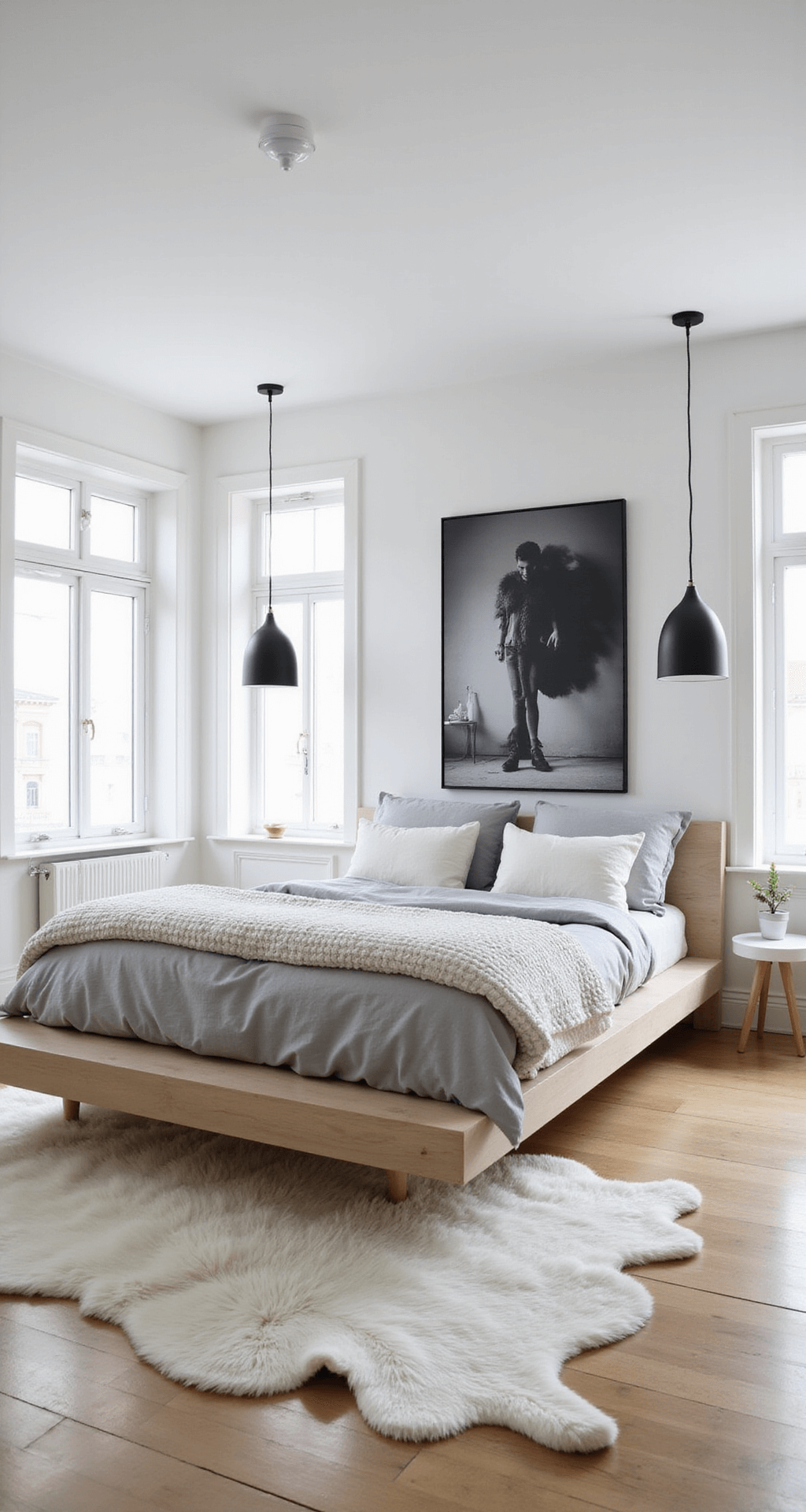 Bright, airy Scandinavian-style bedroom featuring a floating bleached oak platform bed, minimal grey linen bedding, a large black and white photo above the bed, matte black pendant lights, and a Swedish sheepskin rug, all illuminated by morning light through floor-to-ceiling windows.