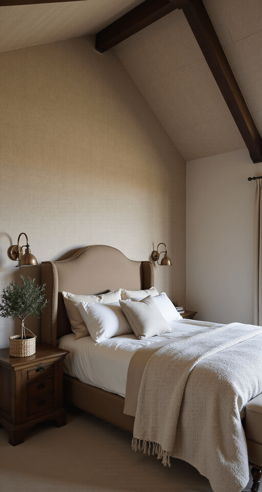 Intimate bedroom at dusk featuring warm greige grasscloth wallpaper, a cathedral ceiling with exposed beams, an oatmeal linen wing bed dressed in cream and taupe bedding, a vintage olive tree in a woven basket, and aged brass sconces casting a warm glow, captured from a low angle.
