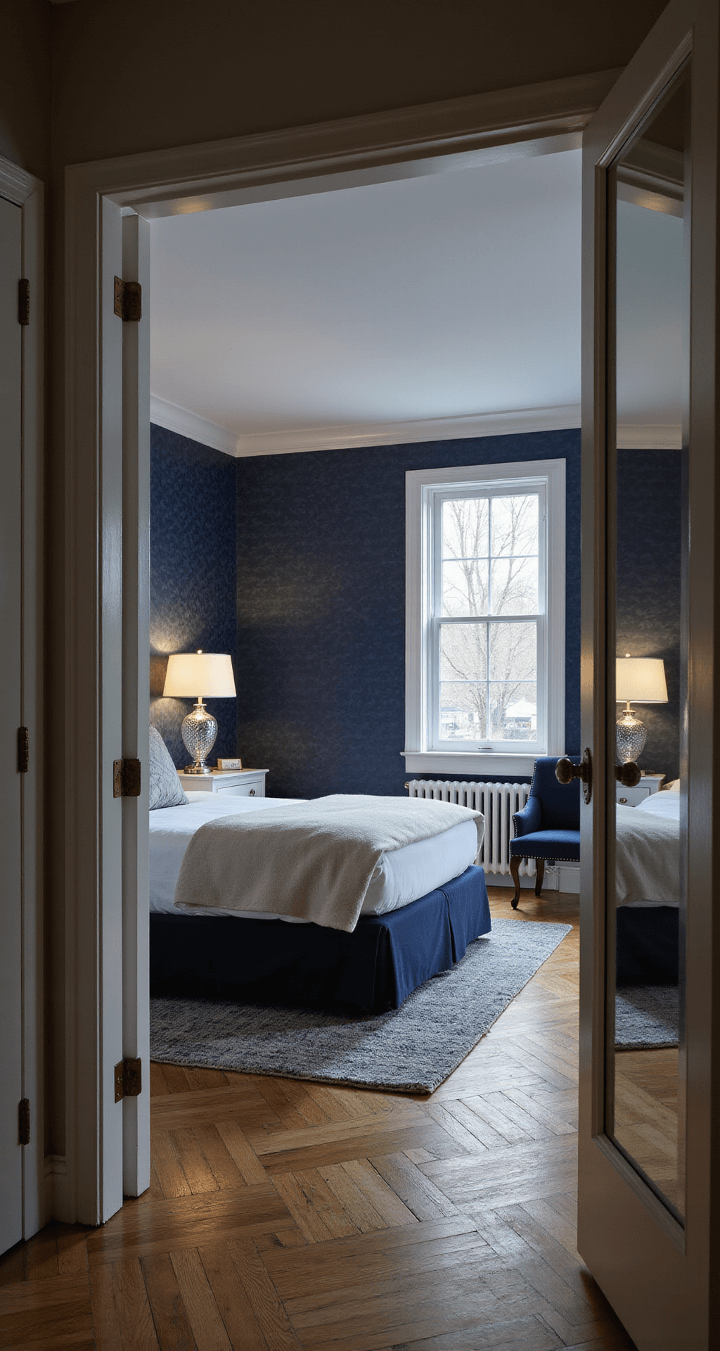 A sophisticated bedroom with navy silk wallpaper and white trim features herringbone hardwood floors, a charcoal channel-tufted headboard with matching built-in nightstands, and crystal table lamps. Floor-to-ceiling mirrors reflect the cool evening light and warm artificial lighting, captured from the doorway.