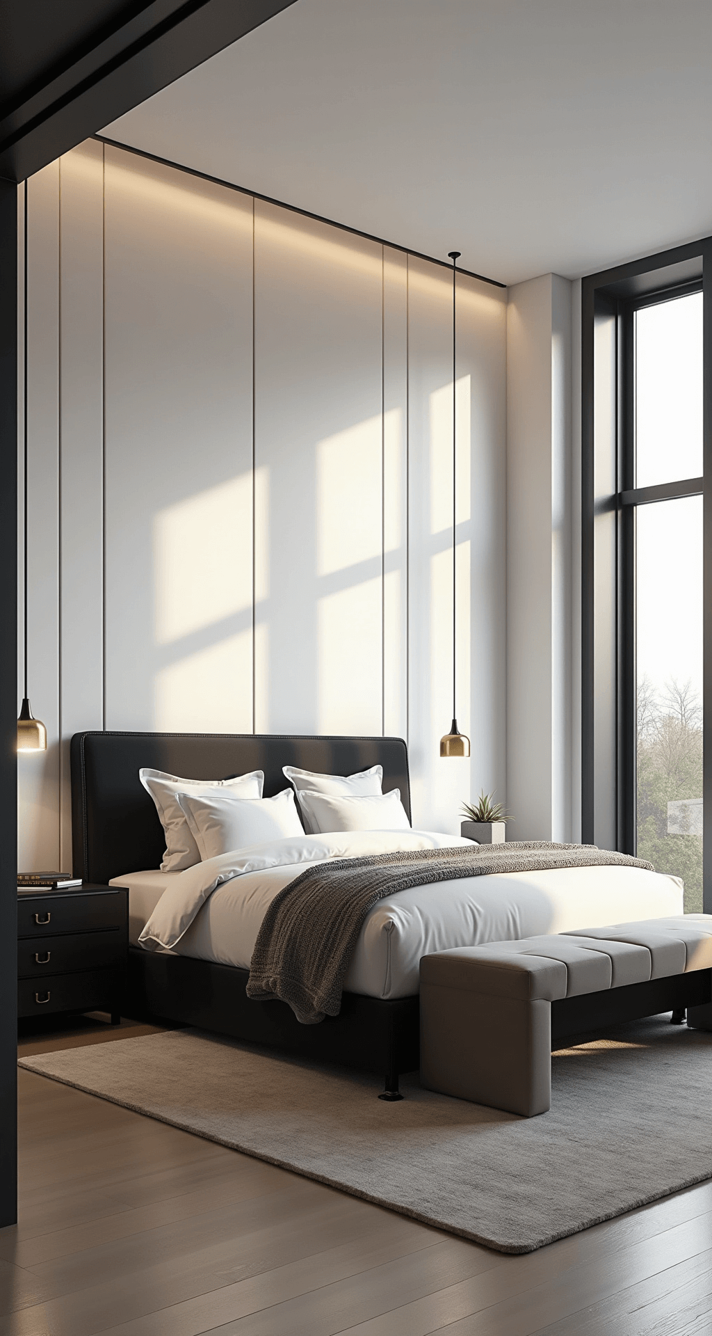 A modern bedroom featuring a black-framed king bed against a white paneled accent wall, with morning light streaming through floor-to-ceiling windows. The room includes crisp white linens, matte black side tables, a velvet upholstered bench, a chunky knit throw, and a high-pile area rug. Chrome and brass accents are present in the pendant lights and drawer pulls, all shot from the doorway at a 45-degree angle. The style embodies luxe minimalism.