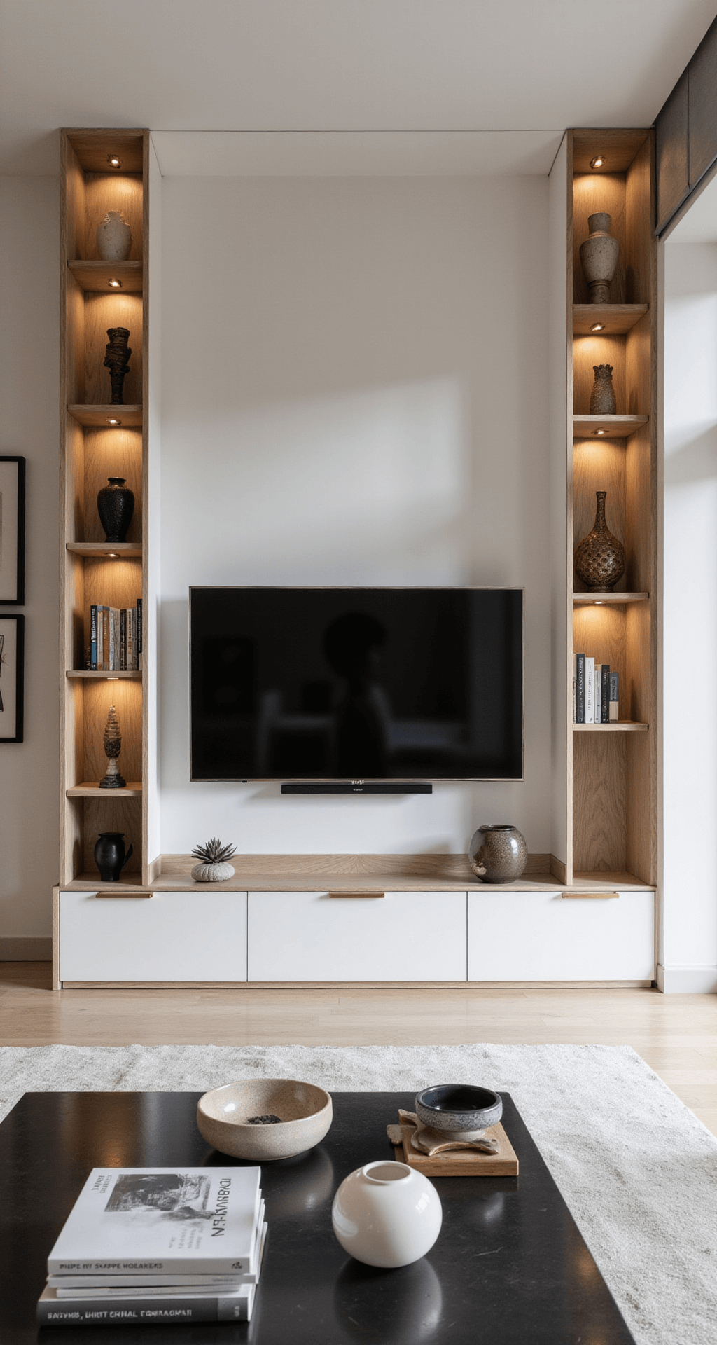 A spacious grand living room bathed in soft afternoon light, featuring a wide monolithic TV unit in bleached oak and white Corian with a central rotating TV mount, symmetrical design, illuminated display niches, and hidden storage, adorned with contemporary art pieces, designer coffee table books, and sculptural ceramics, all set in a neutral palette with brushed brass hardware accents.